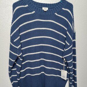 A.N.A. Navy Blue and Ivory Striped Crewneck Knit Sweater Petite L
